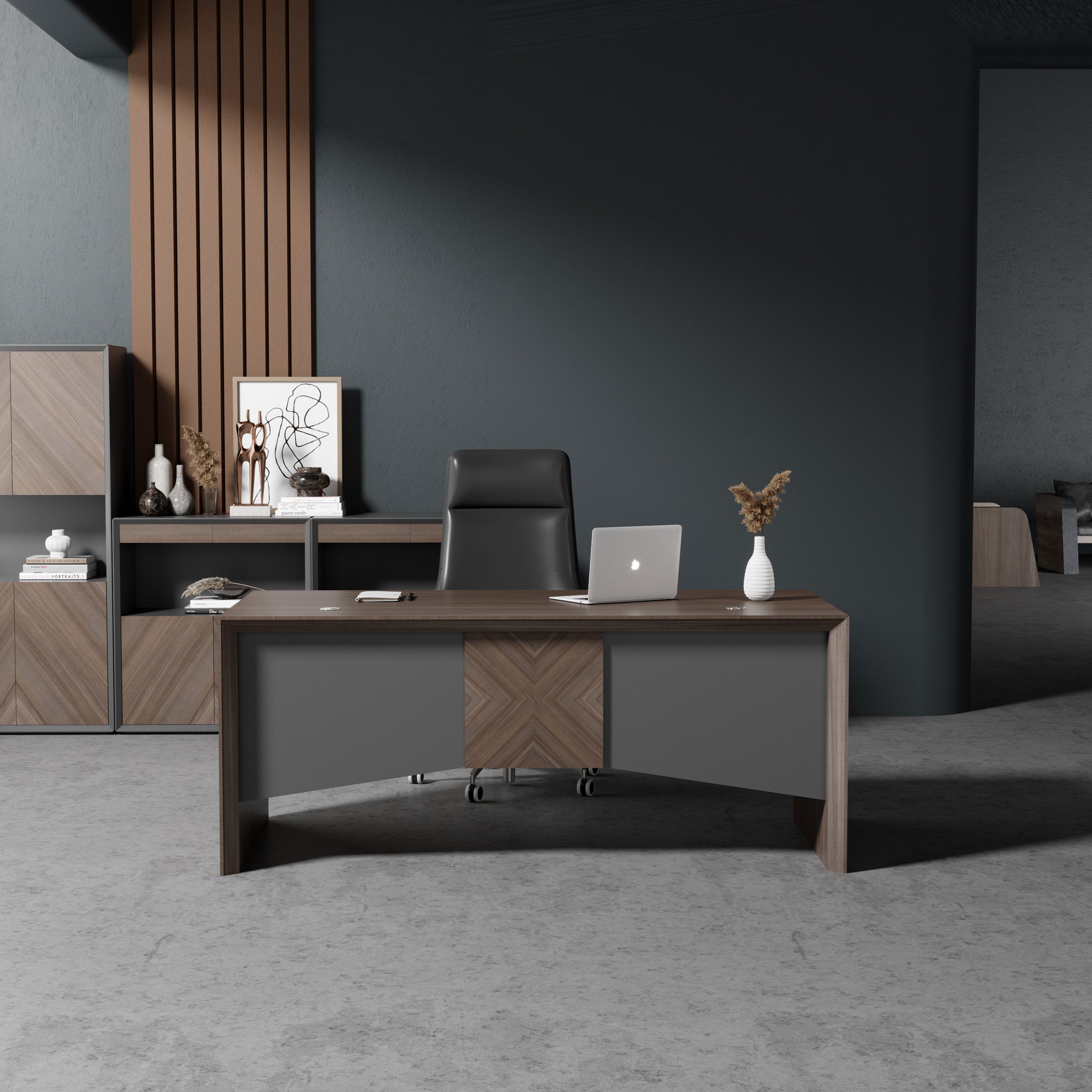 Saintcy W608 Modern Executive L-Shaped Office Desk - Industrial Managerial Workstation with X-Pattern Wood Accent (71" / 79")