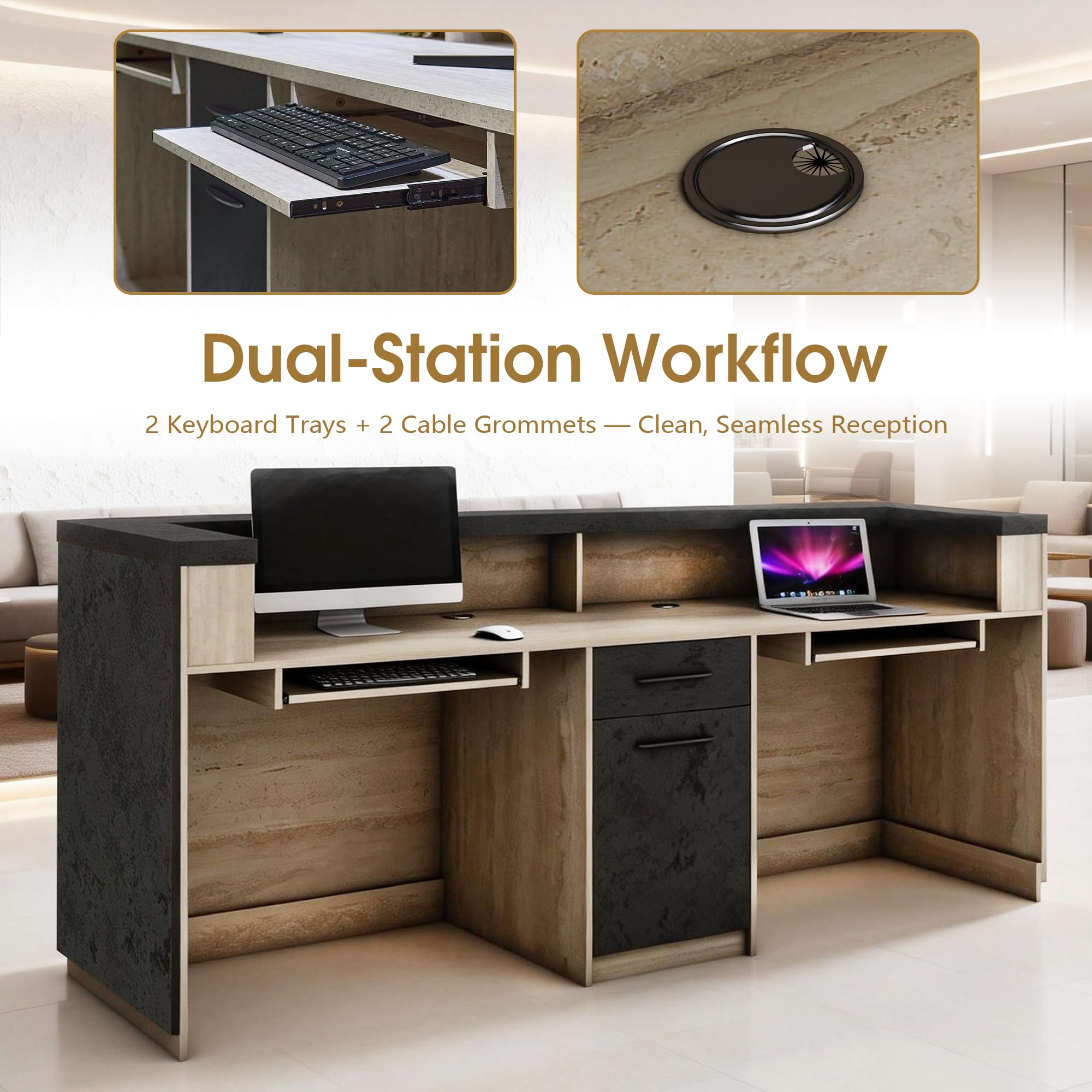 Saintcy WR004 Modern Architectural Reception Desk - Dual-Station Front Counter with Asymmetric Stone Finish (2000mm / 2200mm)