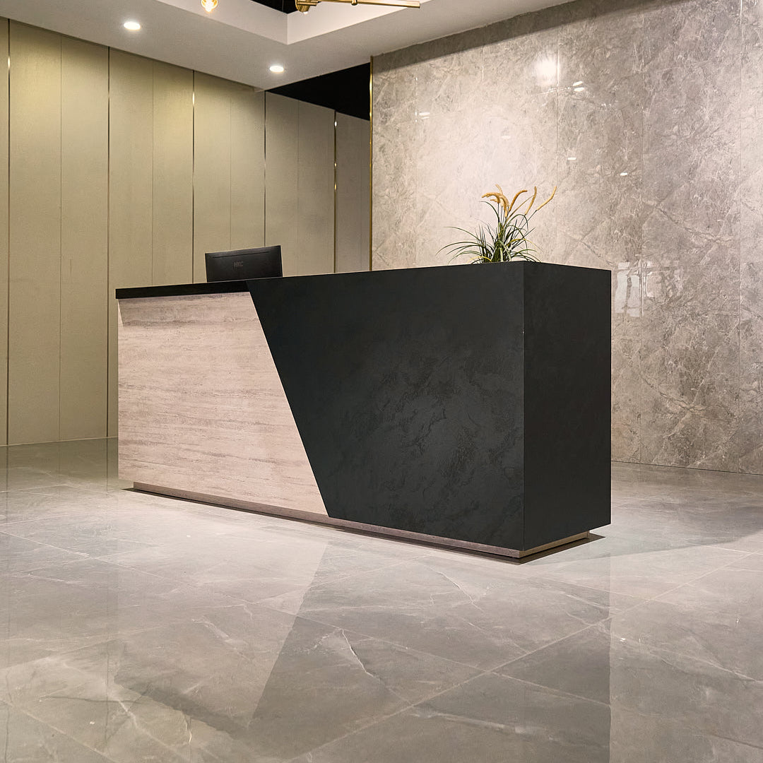 Saintcy WR004 Modern Architectural Reception Desk - Dual-Station Front Counter with Asymmetric Stone Finish (2000mm / 2200mm)