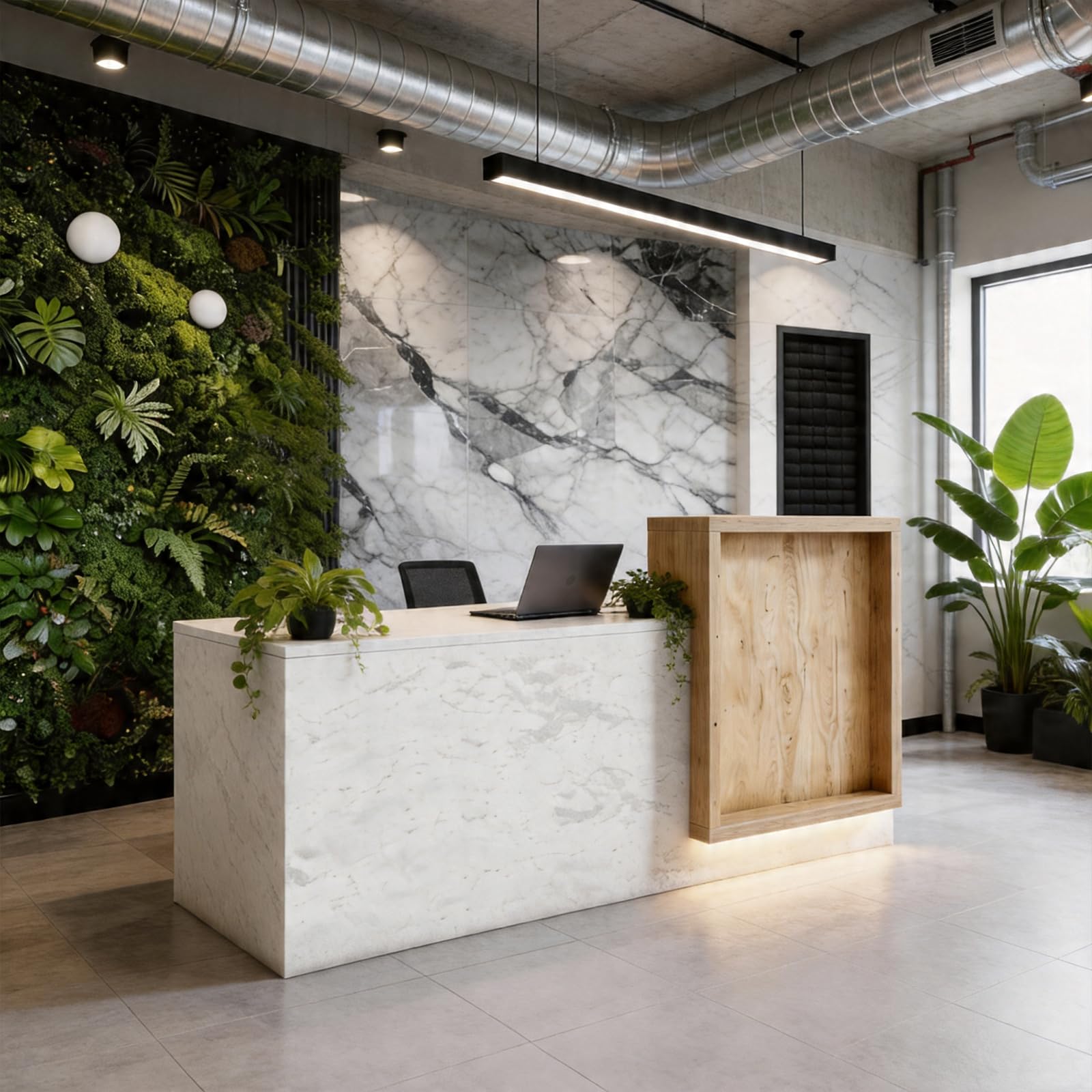 Saintcy WR006 Modern Luxury Reception Desk - 2.0m White Marble Front Counter with Floating Wood Privacy Block