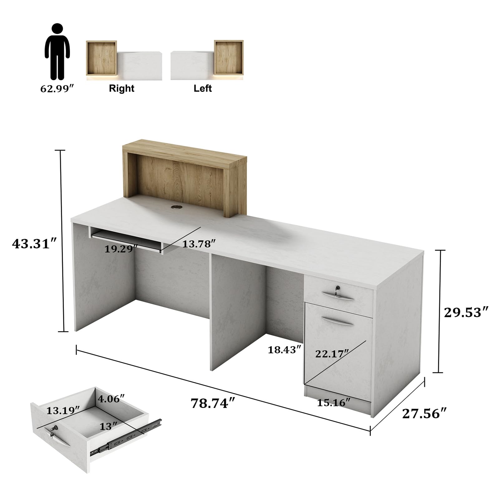 Saintcy WR006 Modern Luxury Reception Desk - 2.0m White Marble Front Counter with Floating Wood Privacy Block