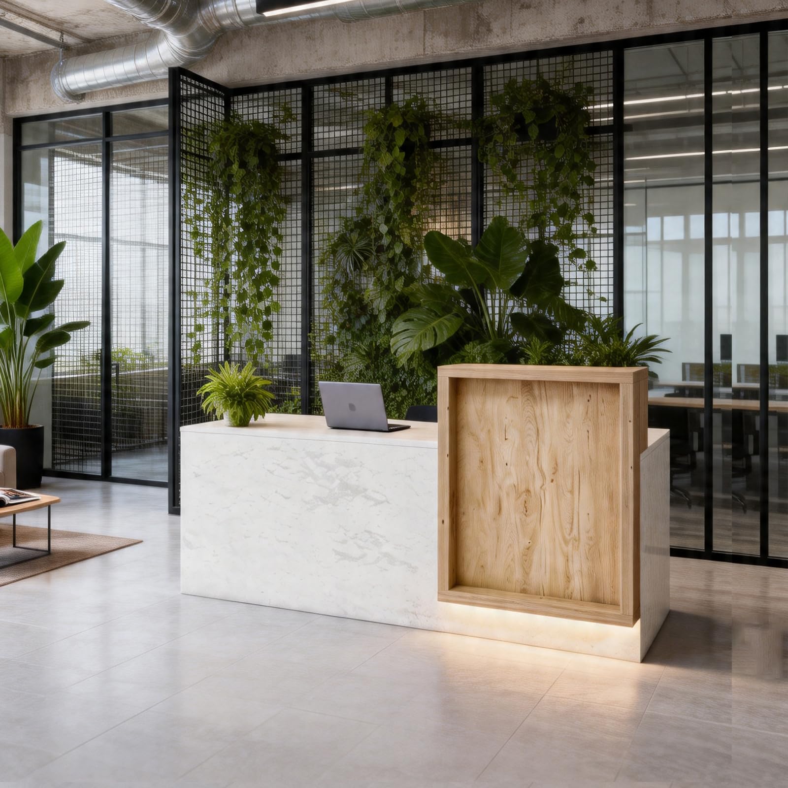 Saintcy WR006 Modern Luxury Reception Desk - 2.0m White Marble Front Counter with Floating Wood Privacy Block