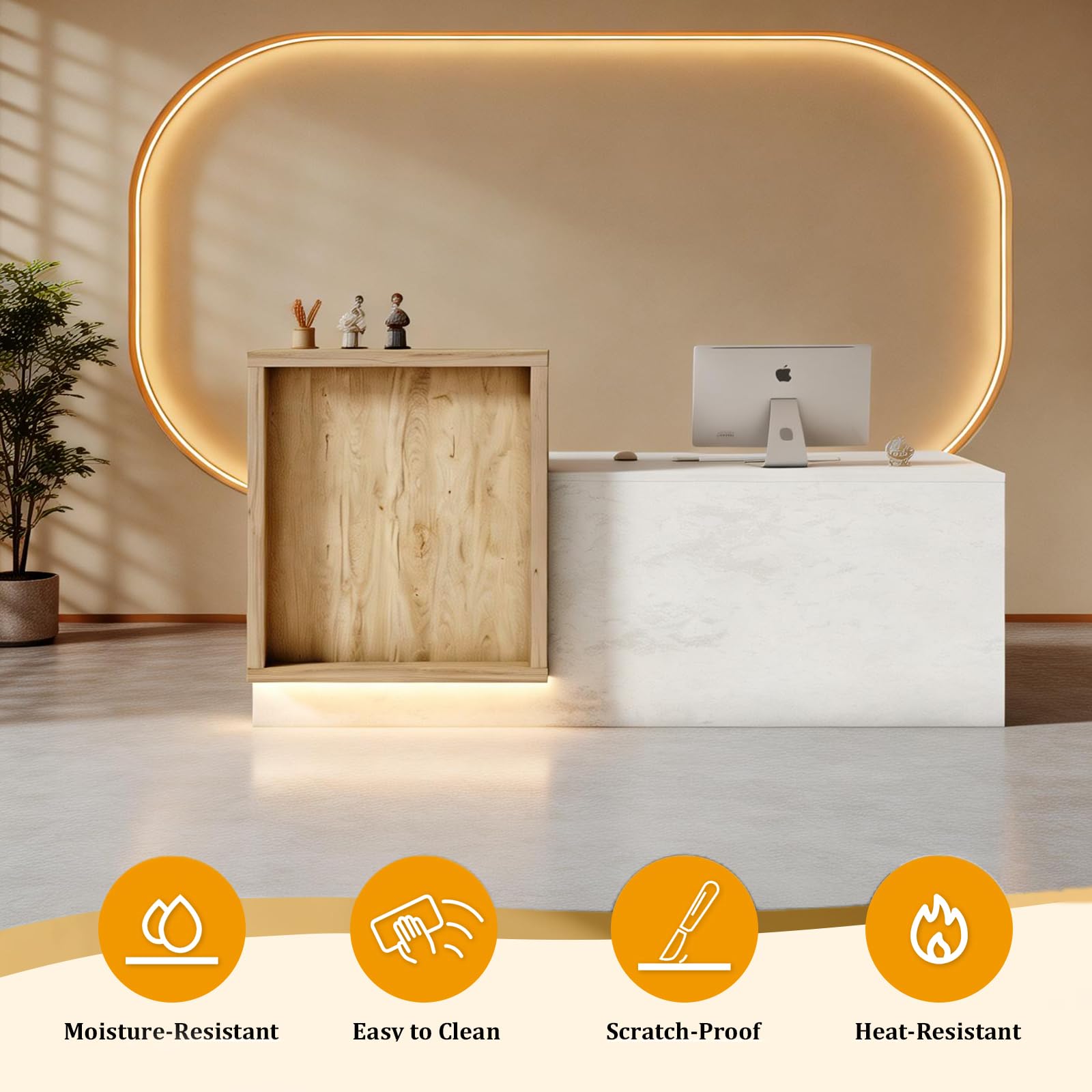 Saintcy WR006 Modern Luxury Reception Desk - 2.0m White Marble Front Counter with Floating Wood Privacy Block