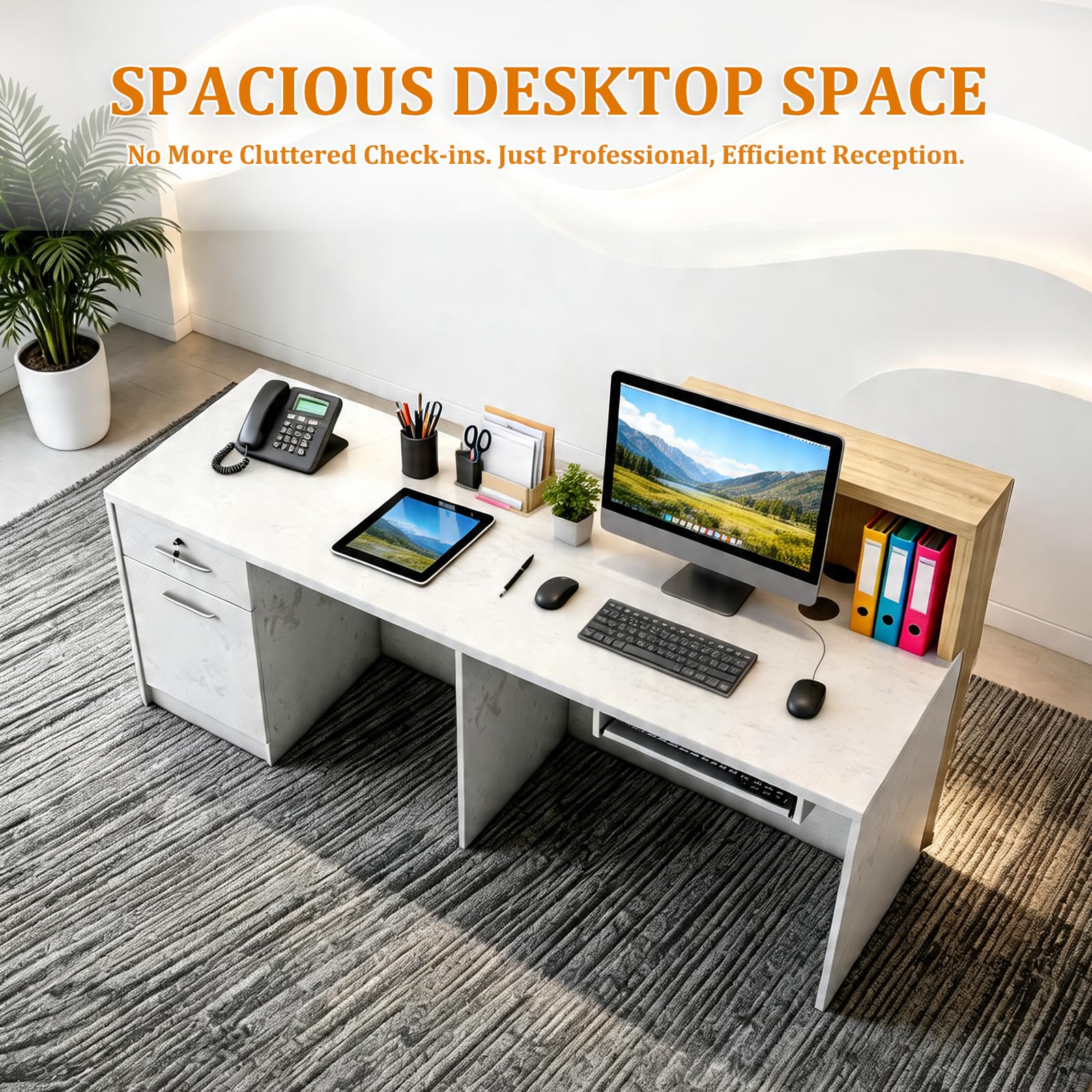 Saintcy WR006 Modern Luxury Reception Desk - 2.0m White Marble Front Counter with Floating Wood Privacy Block