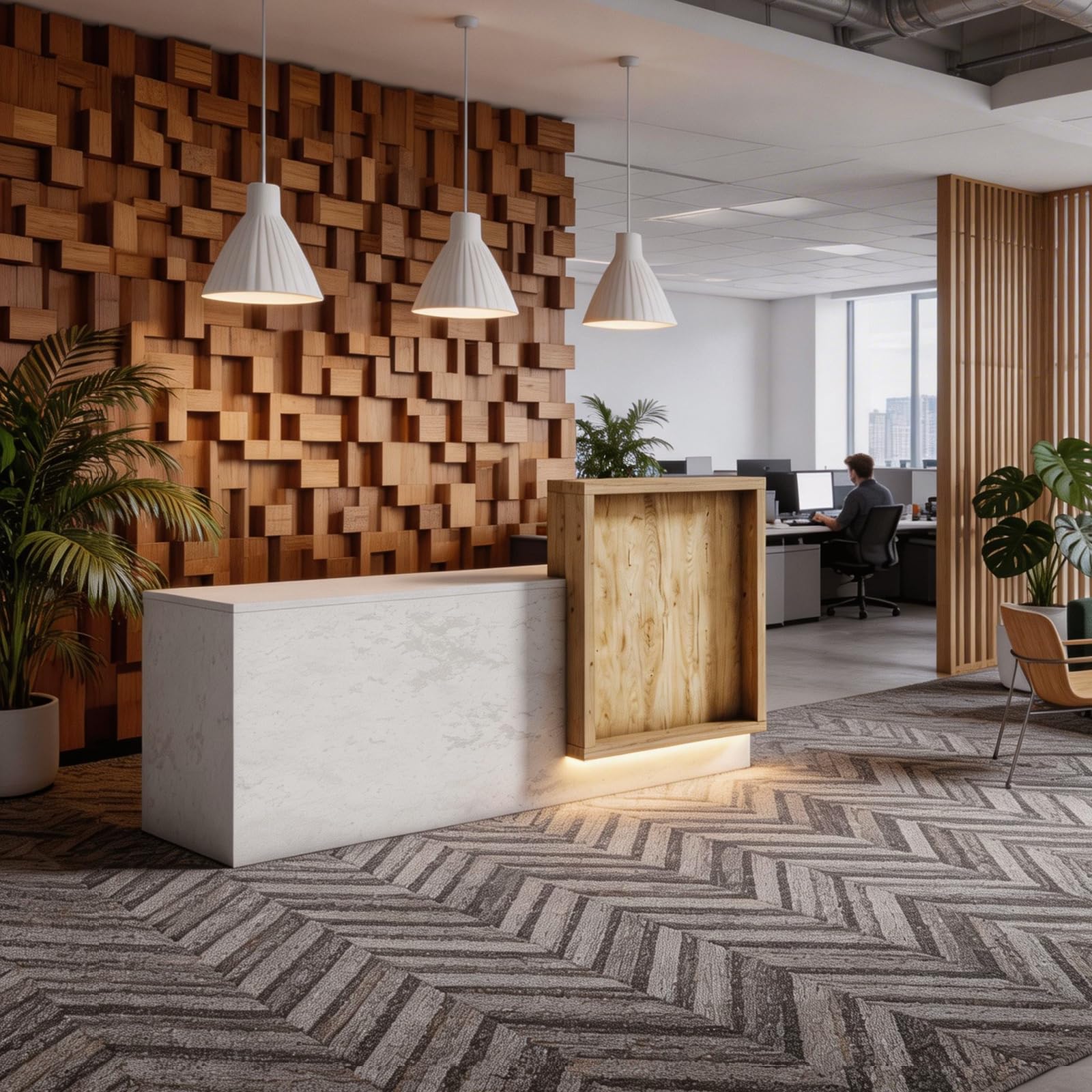 Saintcy WR006 Modern Luxury Reception Desk - 2.0m White Marble Front Counter with Floating Wood Privacy Block