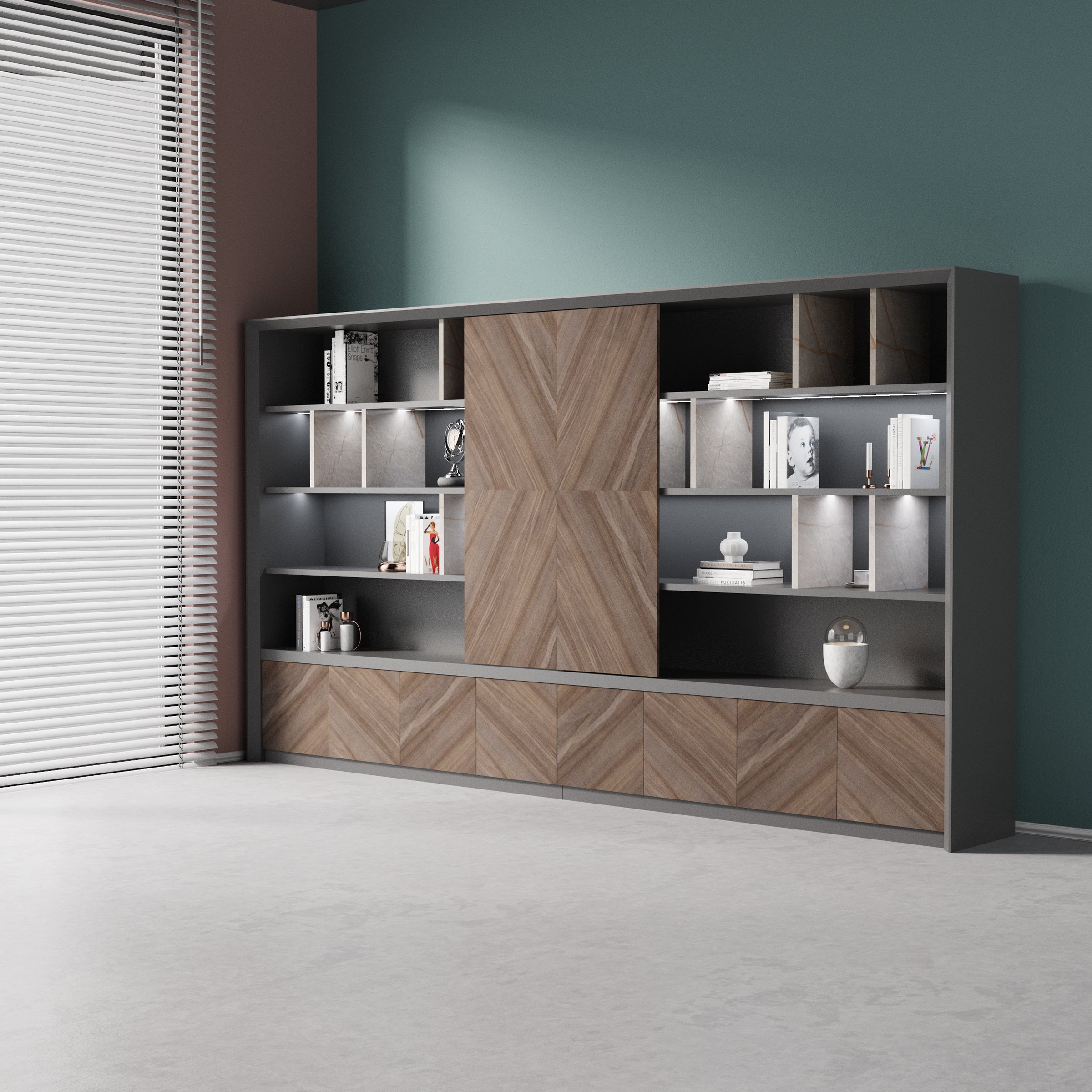 Saintcy Luxury Executive Bookcase - Modern Industrial Grand Library Wall Cabinet with Smoked Glass Doors (102" / 142")