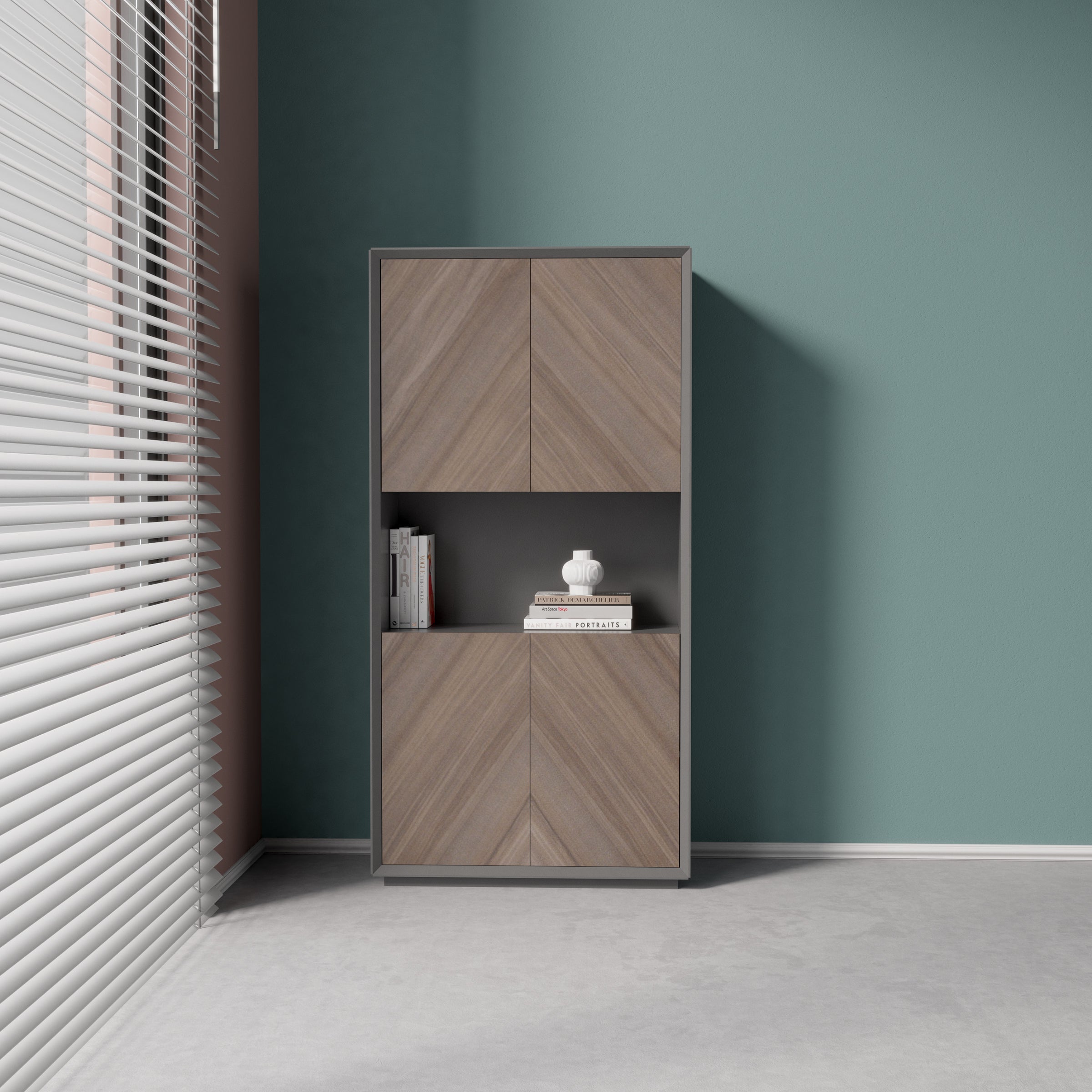 Saintcy Executive Office Storage Cabinets - Modern Chevron Walnut Filing Credenza & Bookcase Suite (35" Low / 63" Mid)