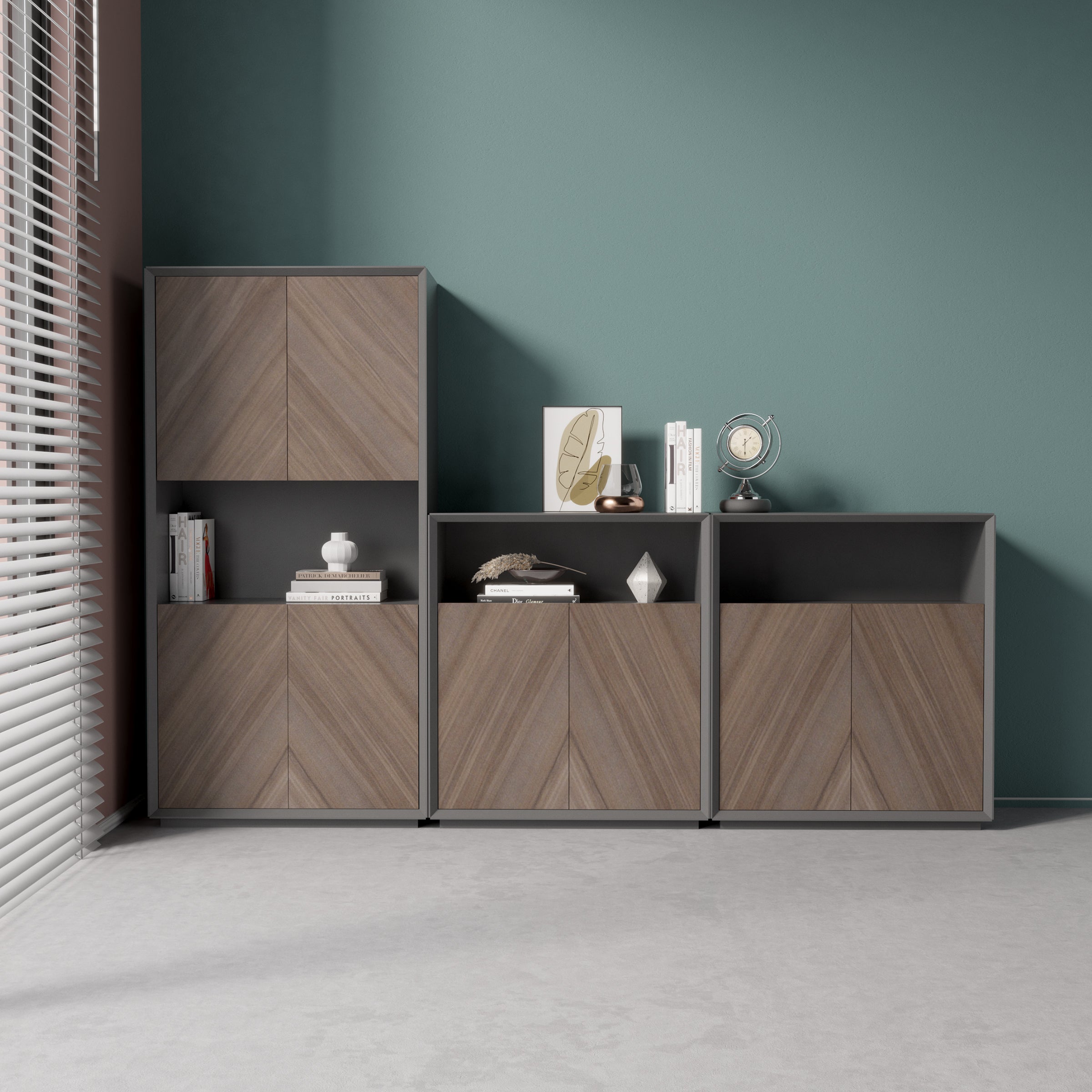 Saintcy Executive Office Storage Cabinets - Modern Chevron Walnut Filing Credenza & Bookcase Suite (35" Low / 63" Mid)