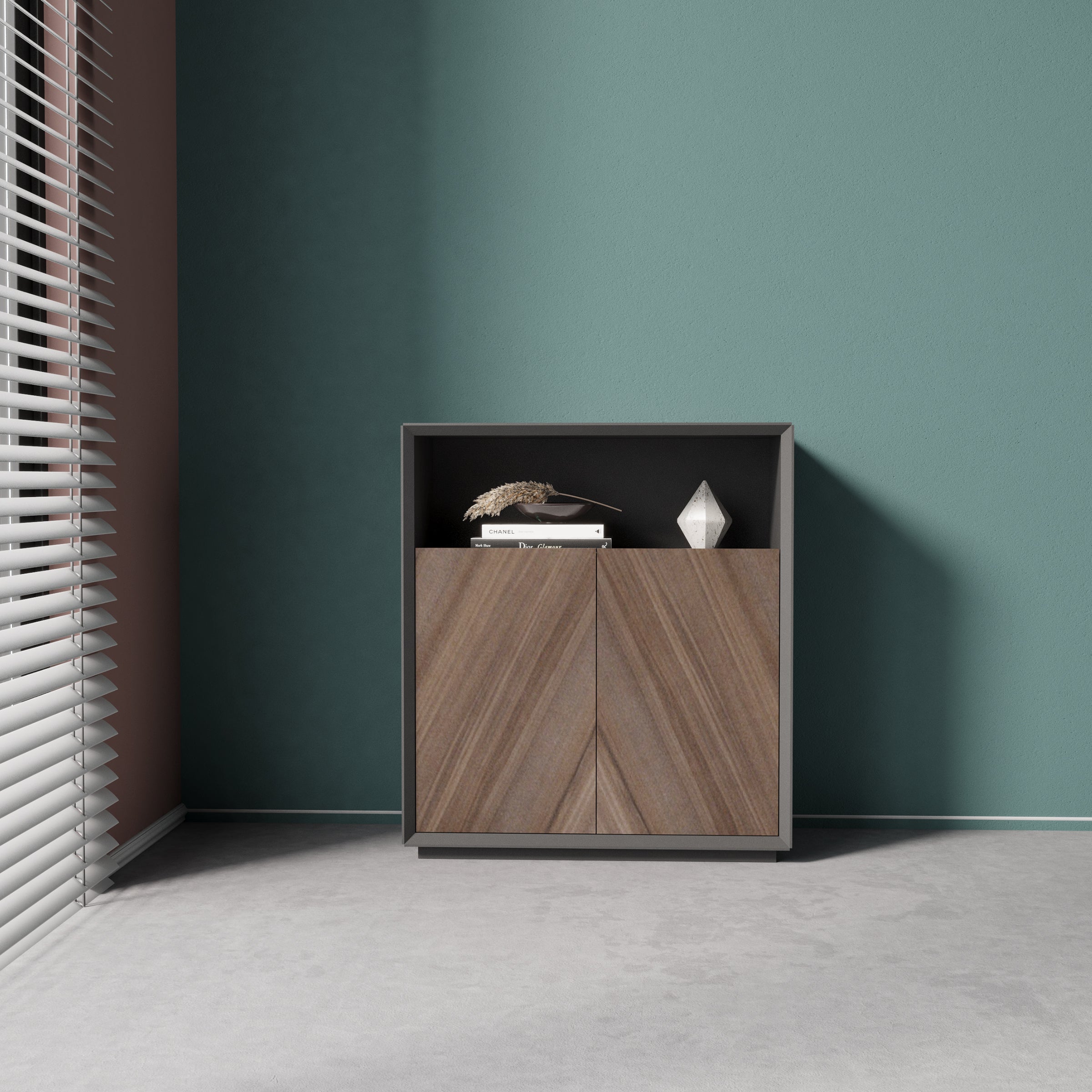 Saintcy Executive Office Storage Cabinets - Modern Chevron Walnut Filing Credenza & Bookcase Suite (35" Low / 63" Mid)
