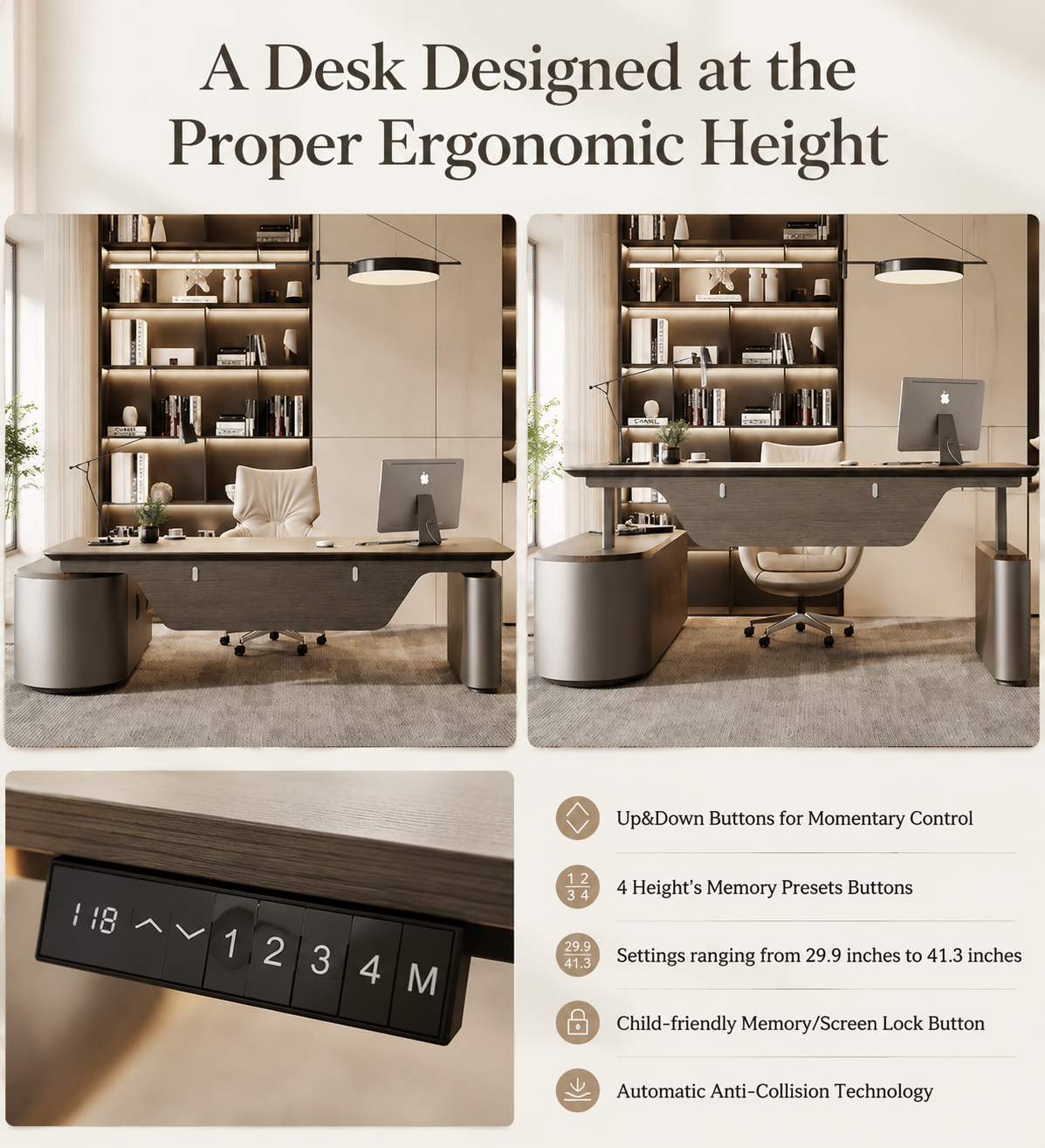 SAINTCY Modern L-Shaped Standing Executive Desk with Storage Cabinet and Height Adjustment for Office