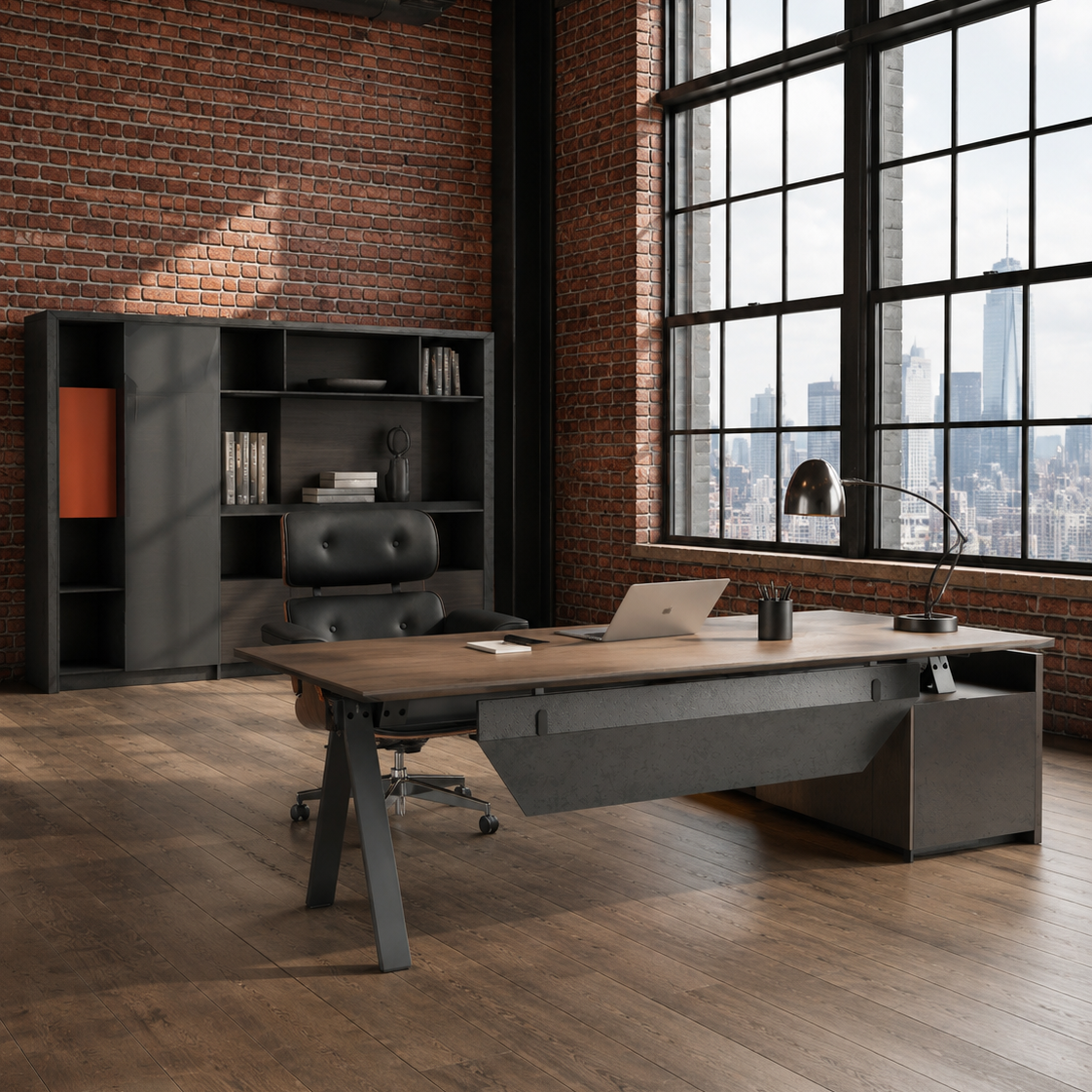 Saintcy X8803 Modern Industrial Executive Desk - Premium L-Shaped Managerial Workstation with Floating Desktop (2400mm / 2600mm)