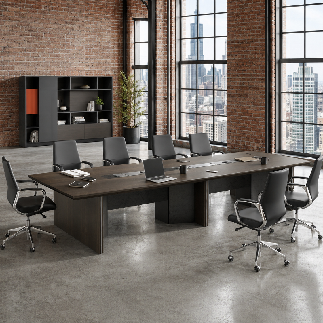 Saintcy X8811 Large Modern Industrial Conference Table - 5.0m Boardroom Table with Central Multimedia Hub & Monolithic Pillar Base