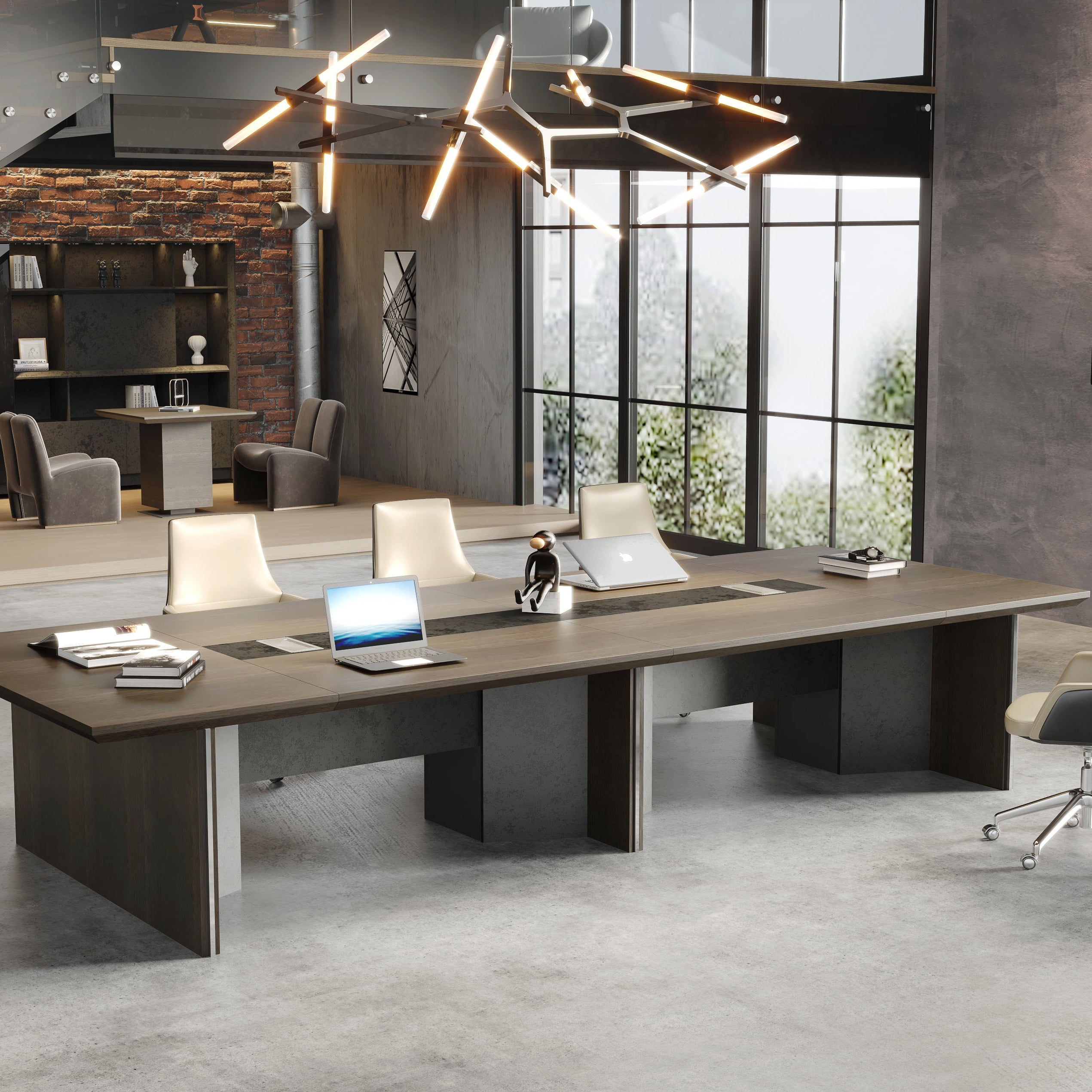 Saintcy X8811 Large Modern Industrial Conference Table - 5.0m Boardroom Table with Central Multimedia Hub & Monolithic Pillar Base