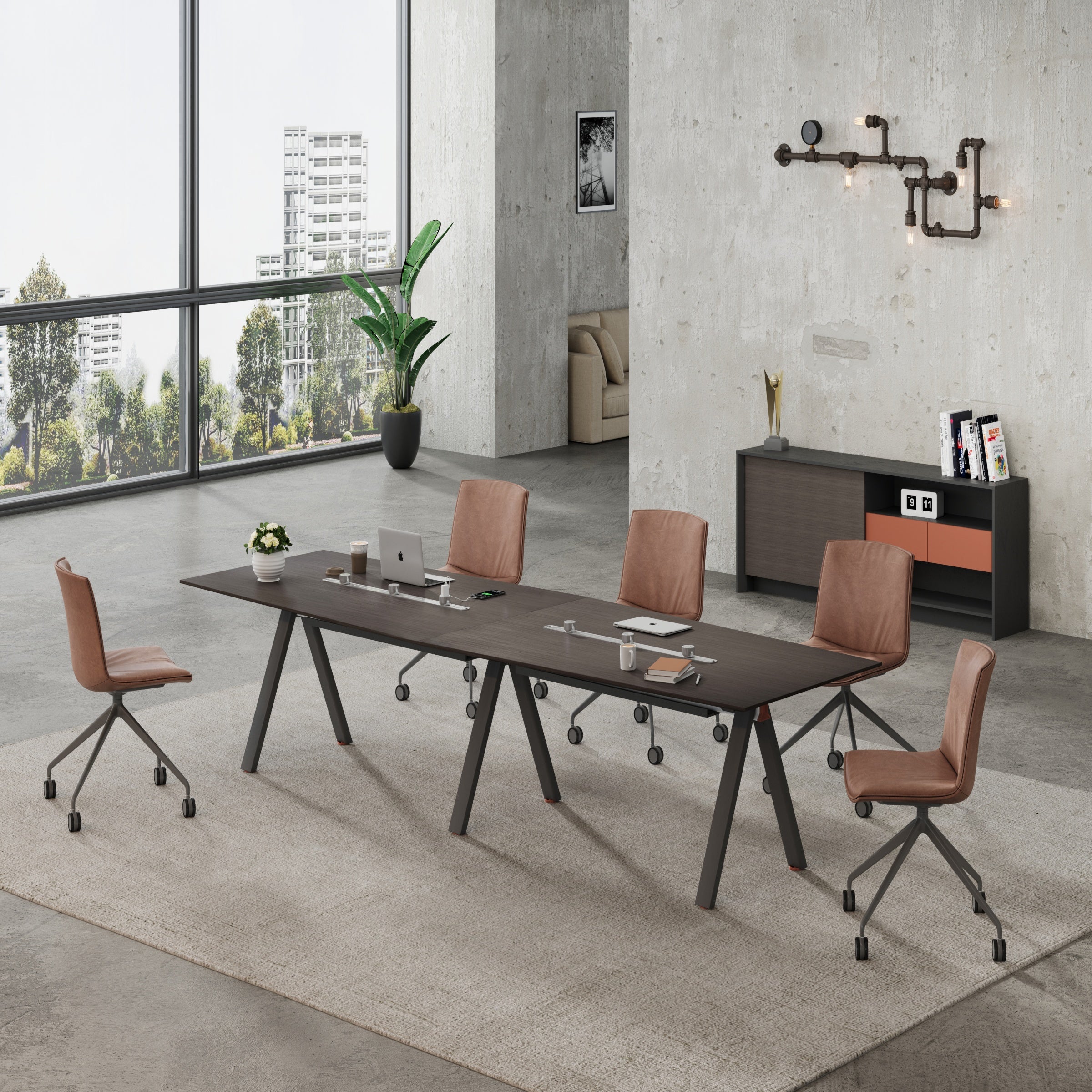Saintcy X8812 Modern Industrial Conference Table - 3.6m Meeting Desk with A-Frame Steel Legs &amp; Dual Multimedia Tracks