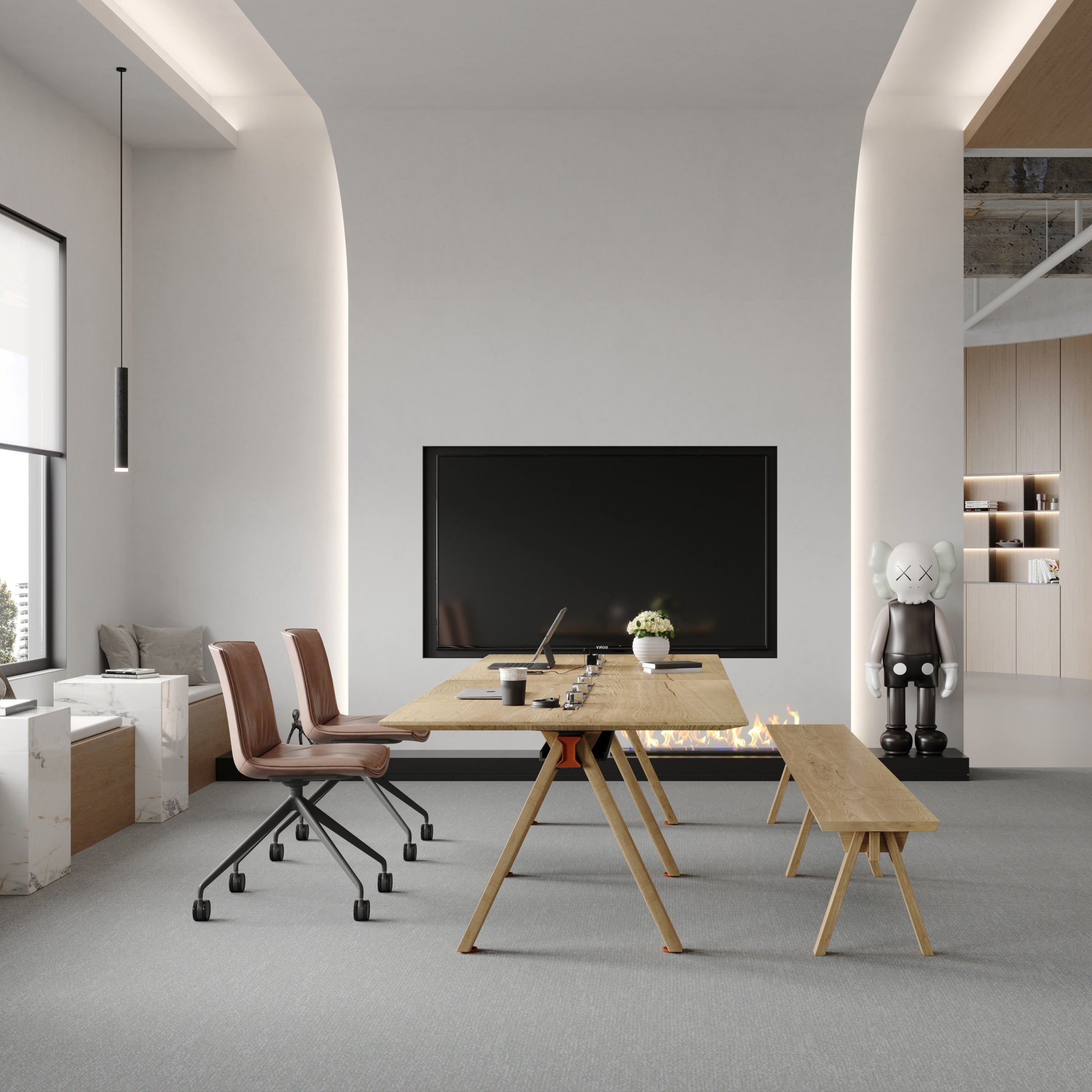 Saintcy X8812 Modern Industrial Conference Table - 3.6m Meeting Desk with A-Frame Steel Legs &amp; Dual Multimedia Tracks