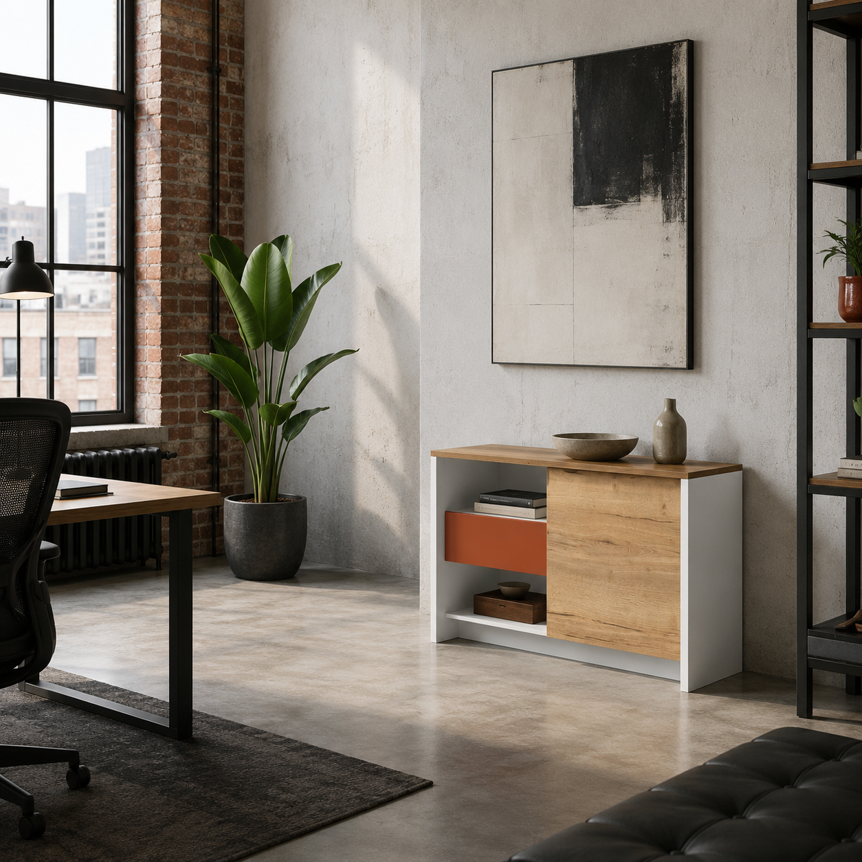 Saintcy XS005 Modern Minimalist Low Credenza - 1.2m Compact Office Side Cabinet with Sliding Door and Terracotta Drawer