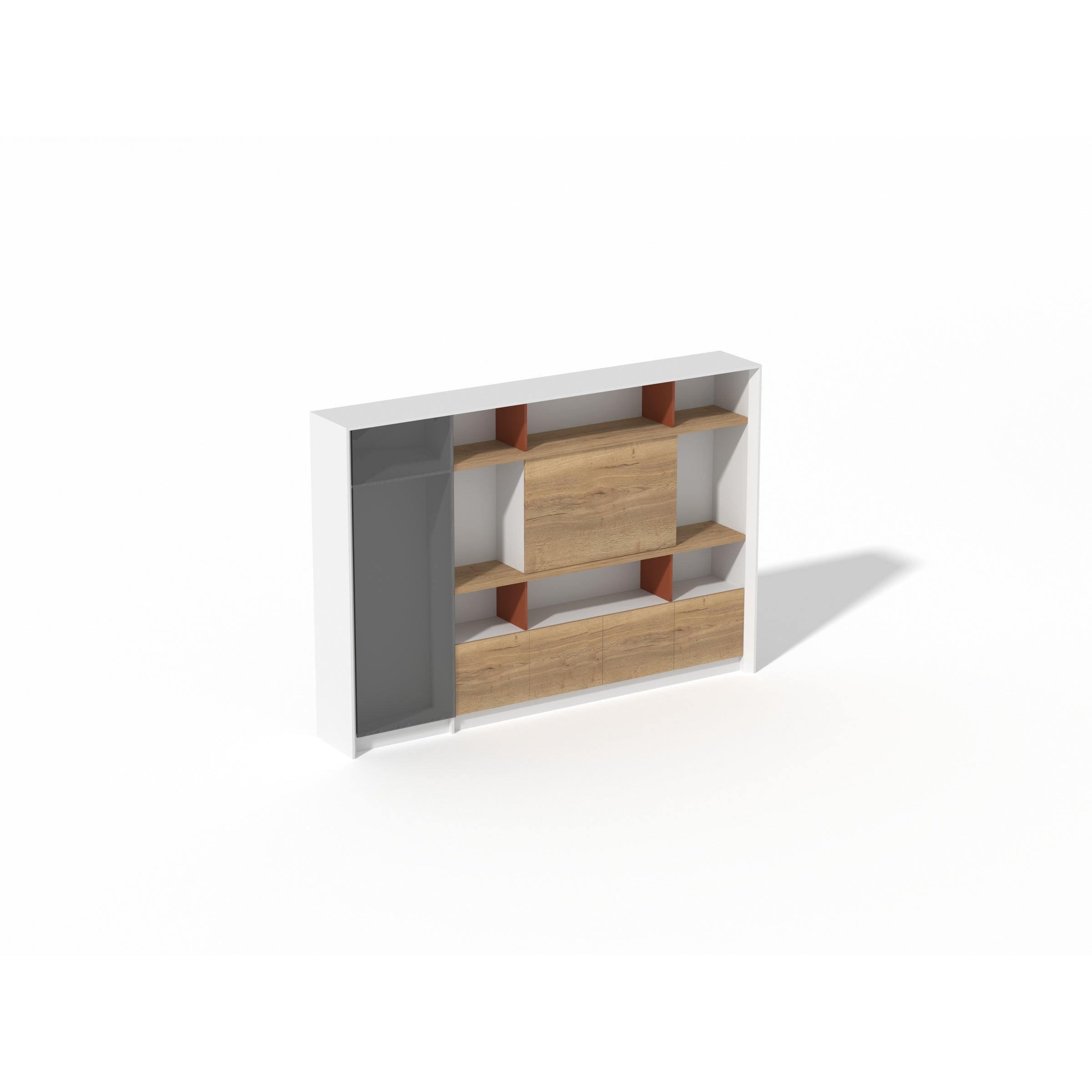 Saintcy XS8803 Modern Executive Bookcase - 2.6m Minimalist Office Display Cabinet with Sliding Glass Door & Terracotta Accents