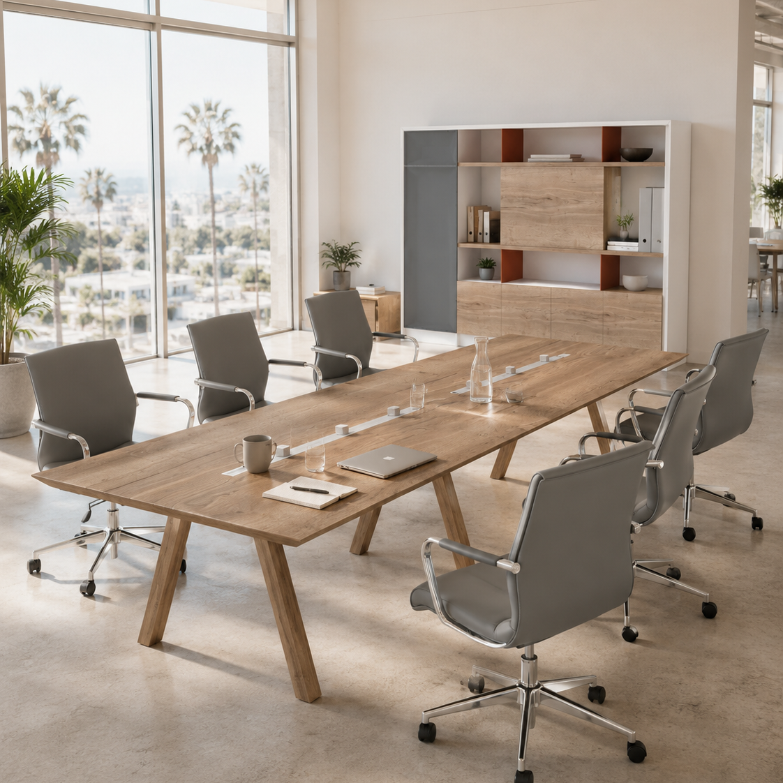 Saintcy XS8803 Modern Executive Bookcase - 2.6m Minimalist Office Display Cabinet with Sliding Glass Door & Terracotta Accents