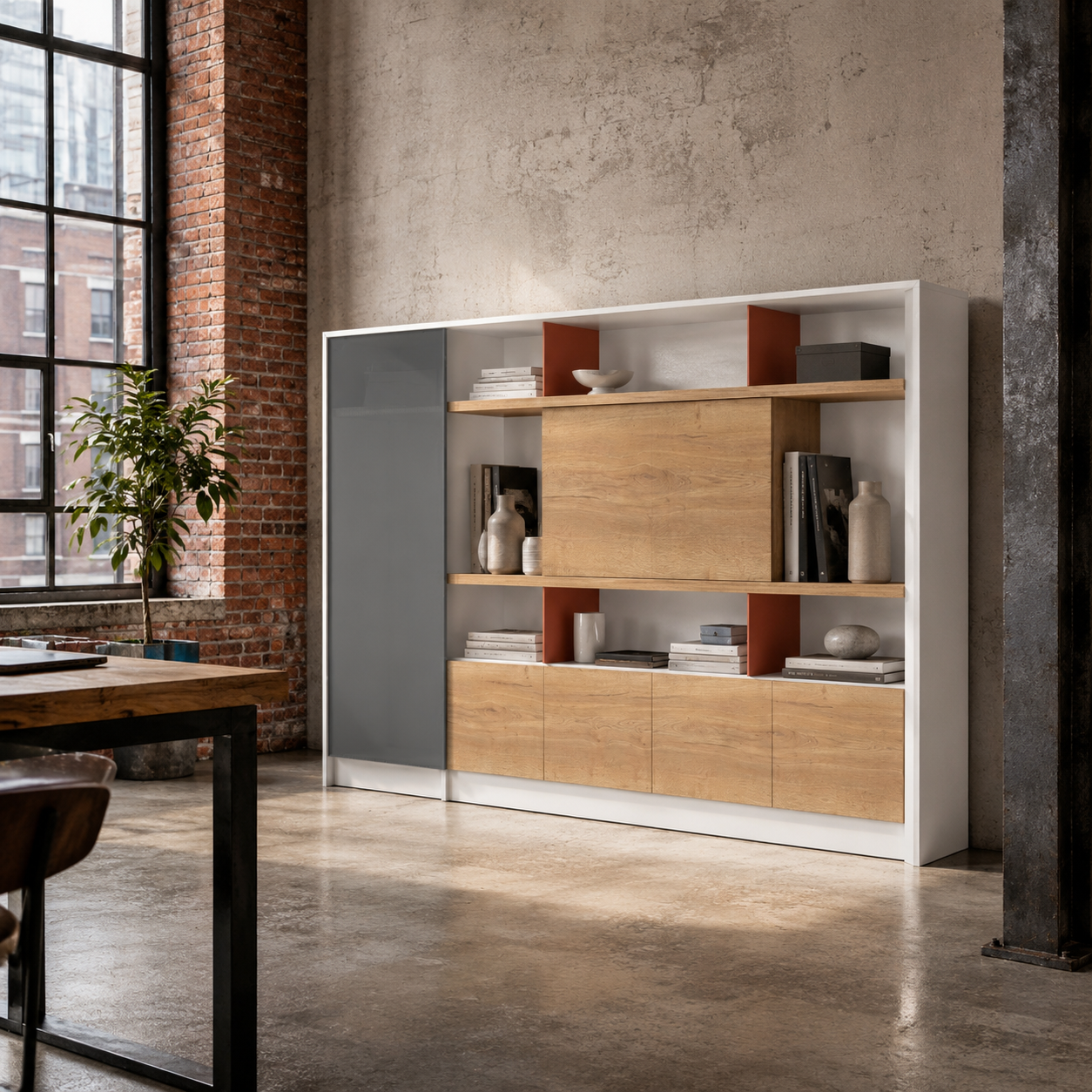 Saintcy XS8803 Modern Executive Bookcase - 2.6m Minimalist Office Display Cabinet with Sliding Glass Door & Terracotta Accents