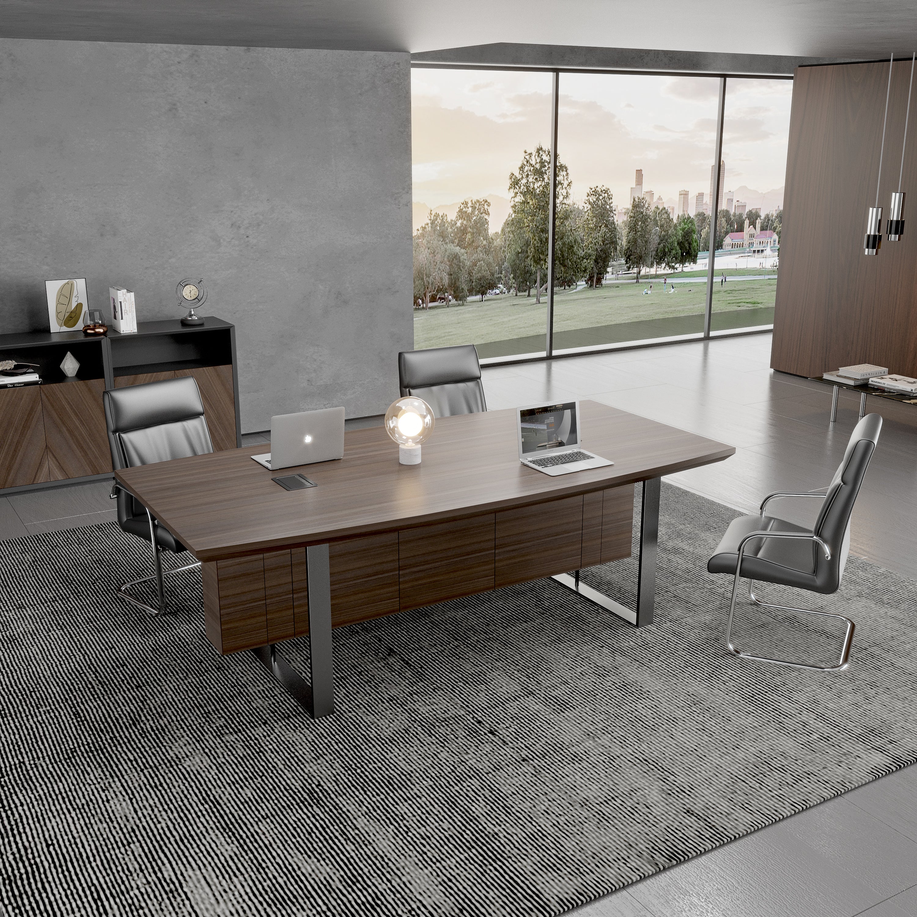 Saintcy W610 Modern Industrial Conference Table - 94" Meeting Room Desk with Chevron Walnut Top and Architectural Slatted Steel Base