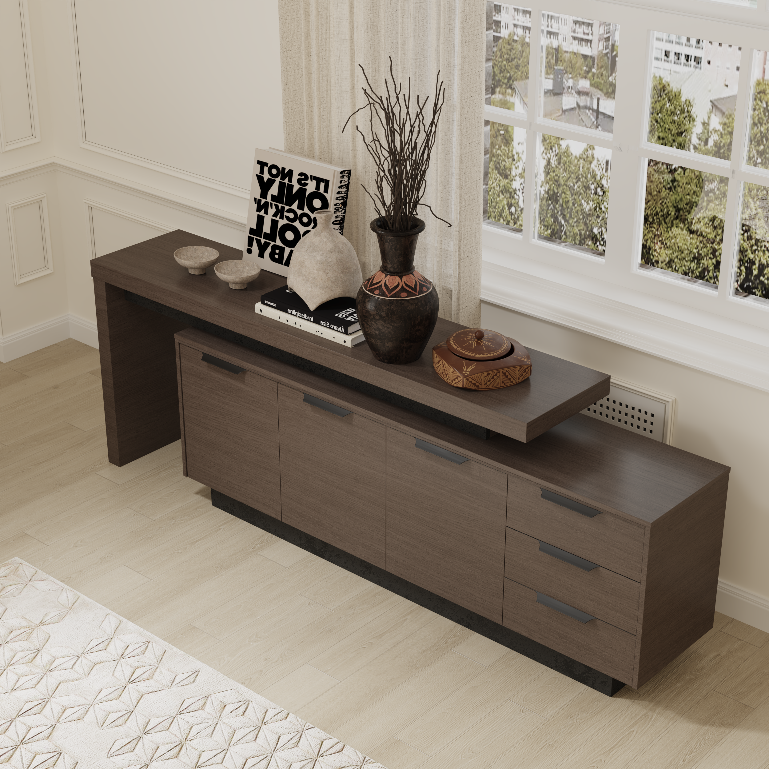 Saintcy DT001 Modern Executive Low Credenza - 79" Office Sideboard Cabinet with Slatted Architectural Panel and Chevron Walnut Accent