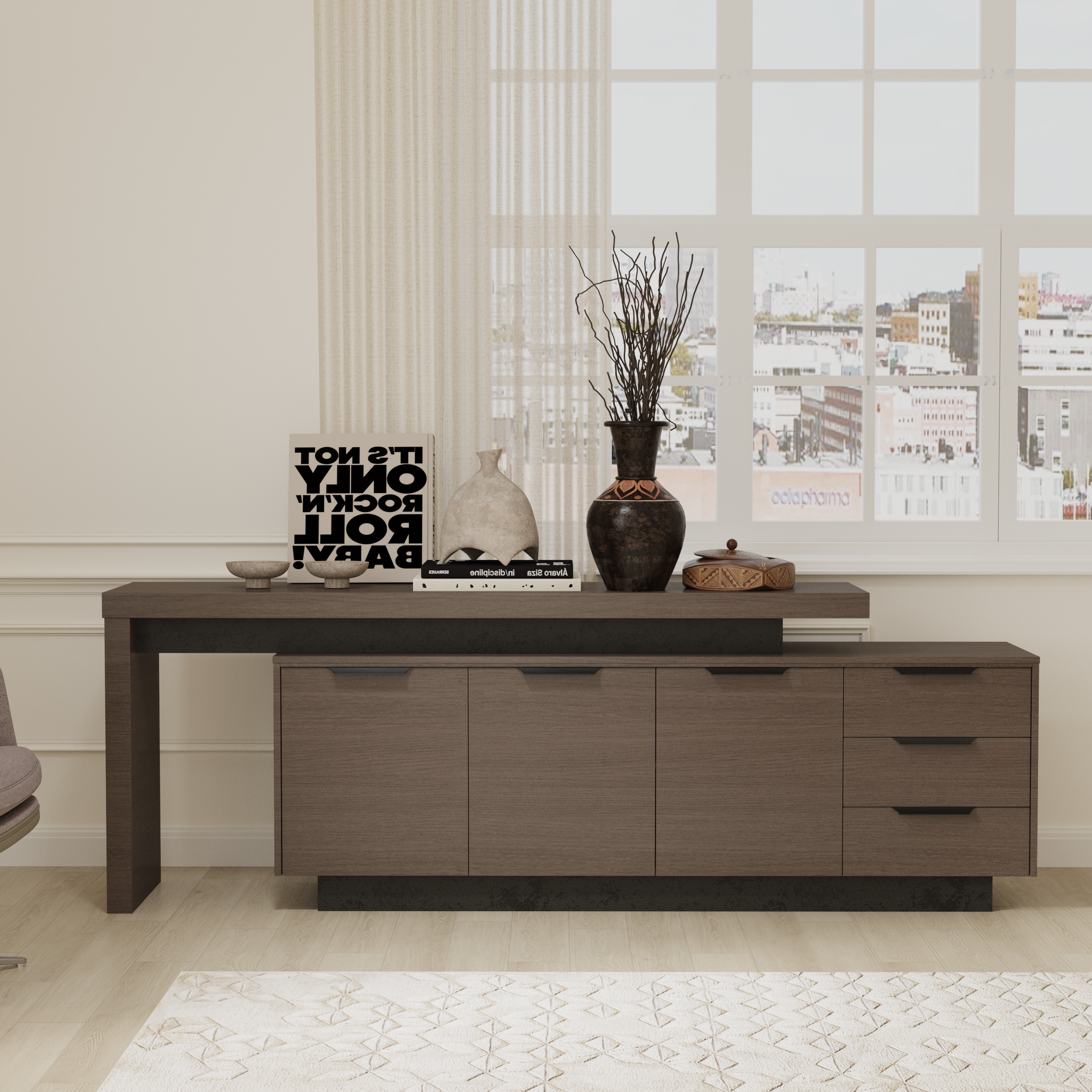 Saintcy DT001 Modern Executive Low Credenza - 79" Office Sideboard Cabinet with Slatted Architectural Panel and Chevron Walnut Accent