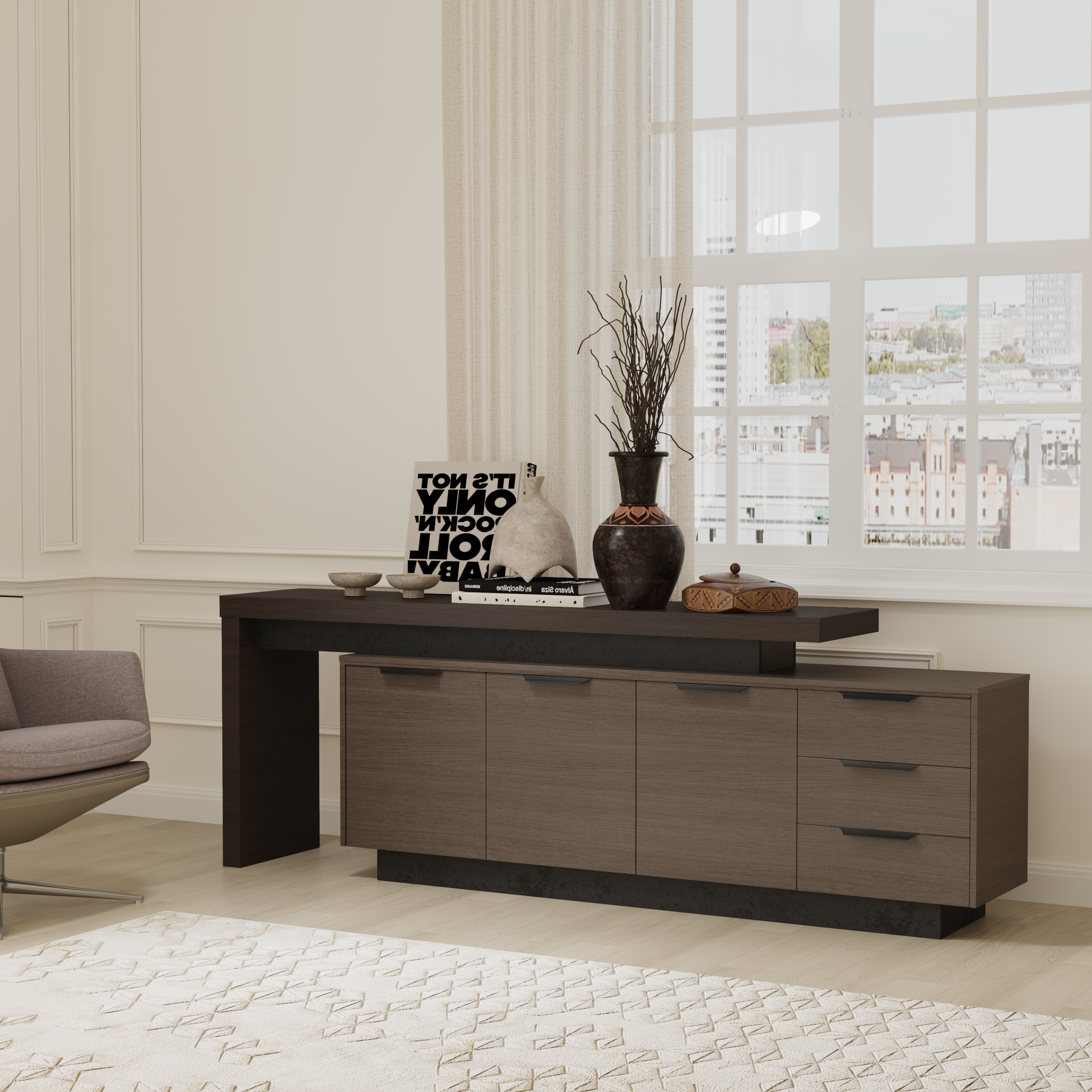 Saintcy DT001 Modern Executive Low Credenza - 79" Office Sideboard Cabinet with Slatted Architectural Panel and Chevron Walnut Accent