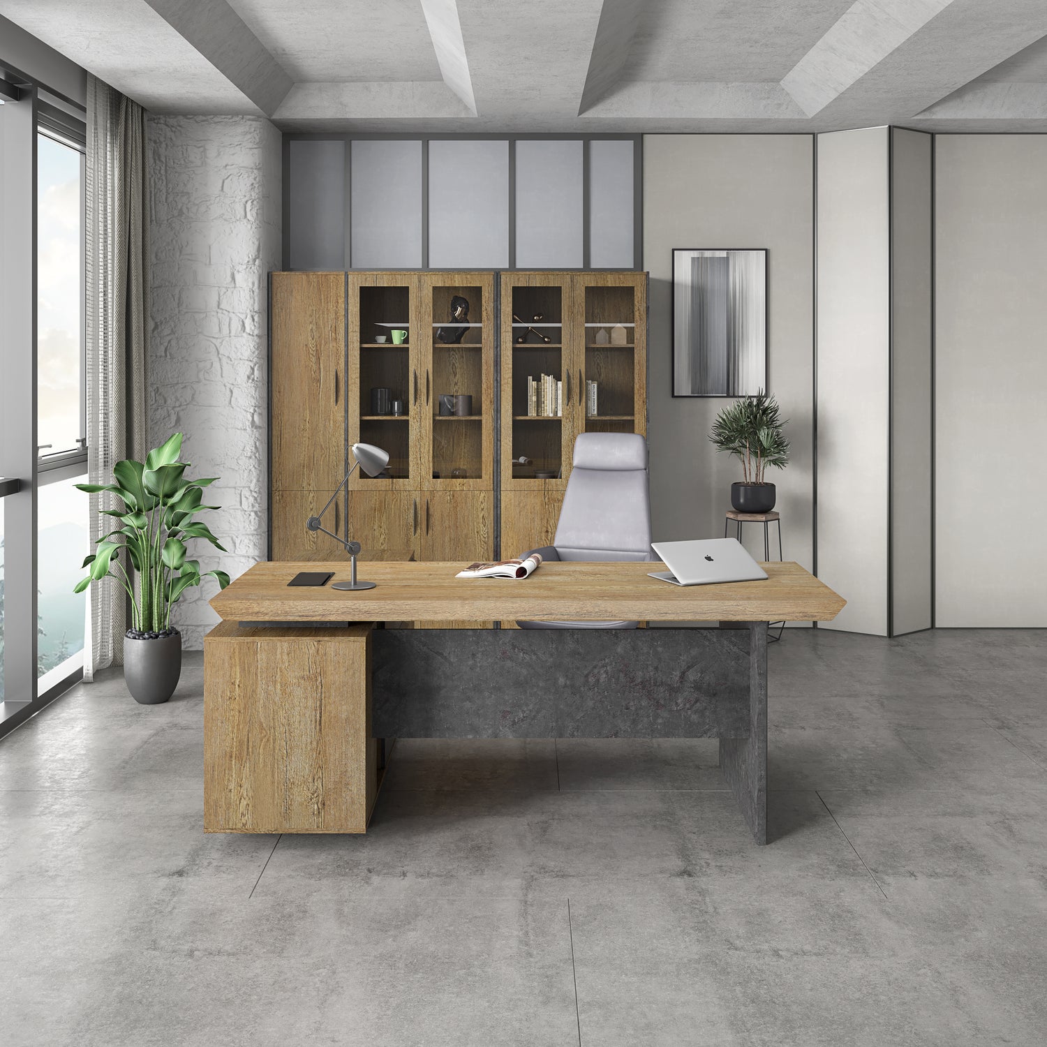 Saintcy P3507 Modern Industrial Executive Desk - Professional L-Shaped Managerial Table