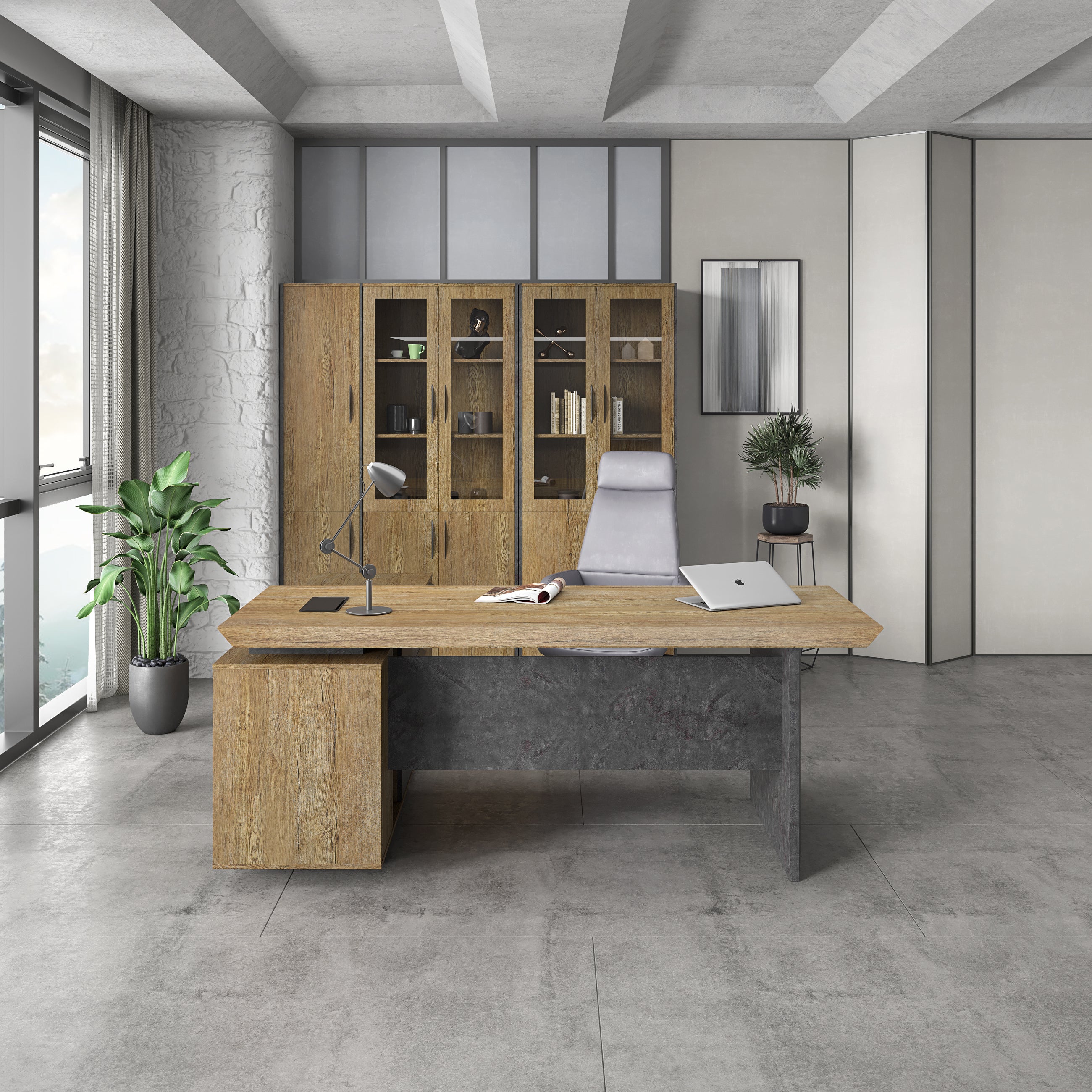 Saintcy P3507 Modern Industrial Executive Desk - Professional L-Shaped Managerial Table