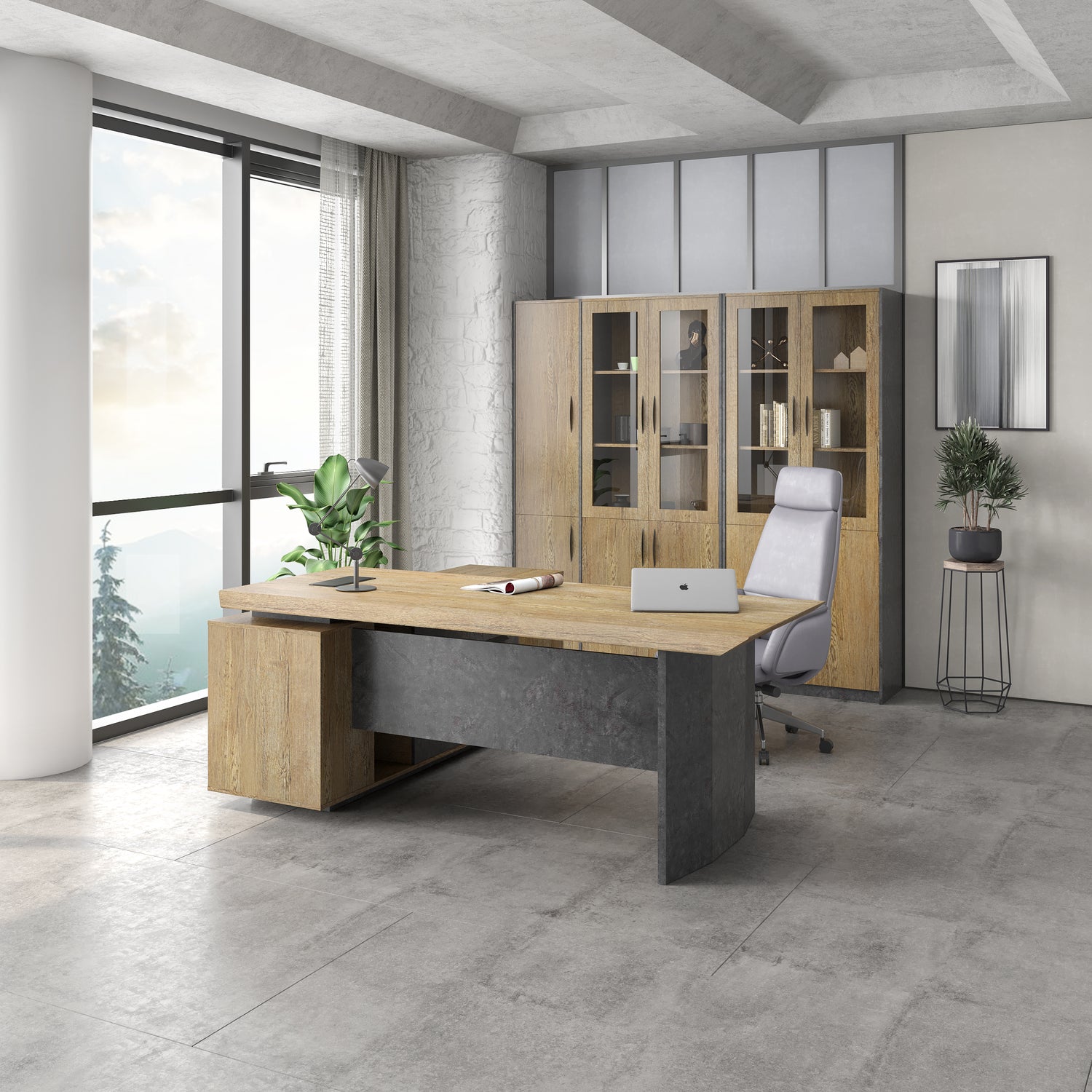 Saintcy P3507 Modern Industrial Executive Desk - Professional L-Shaped Managerial Table