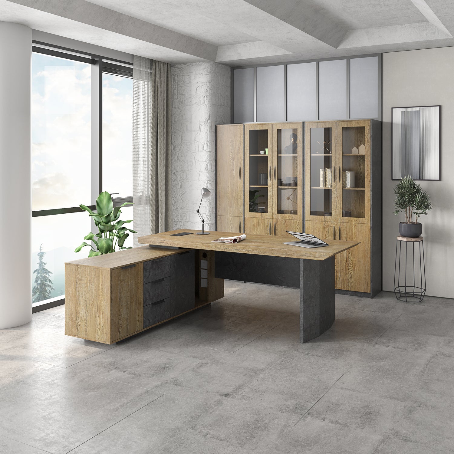 Saintcy P3507 Modern Industrial Executive Desk - Professional L-Shaped Managerial Table