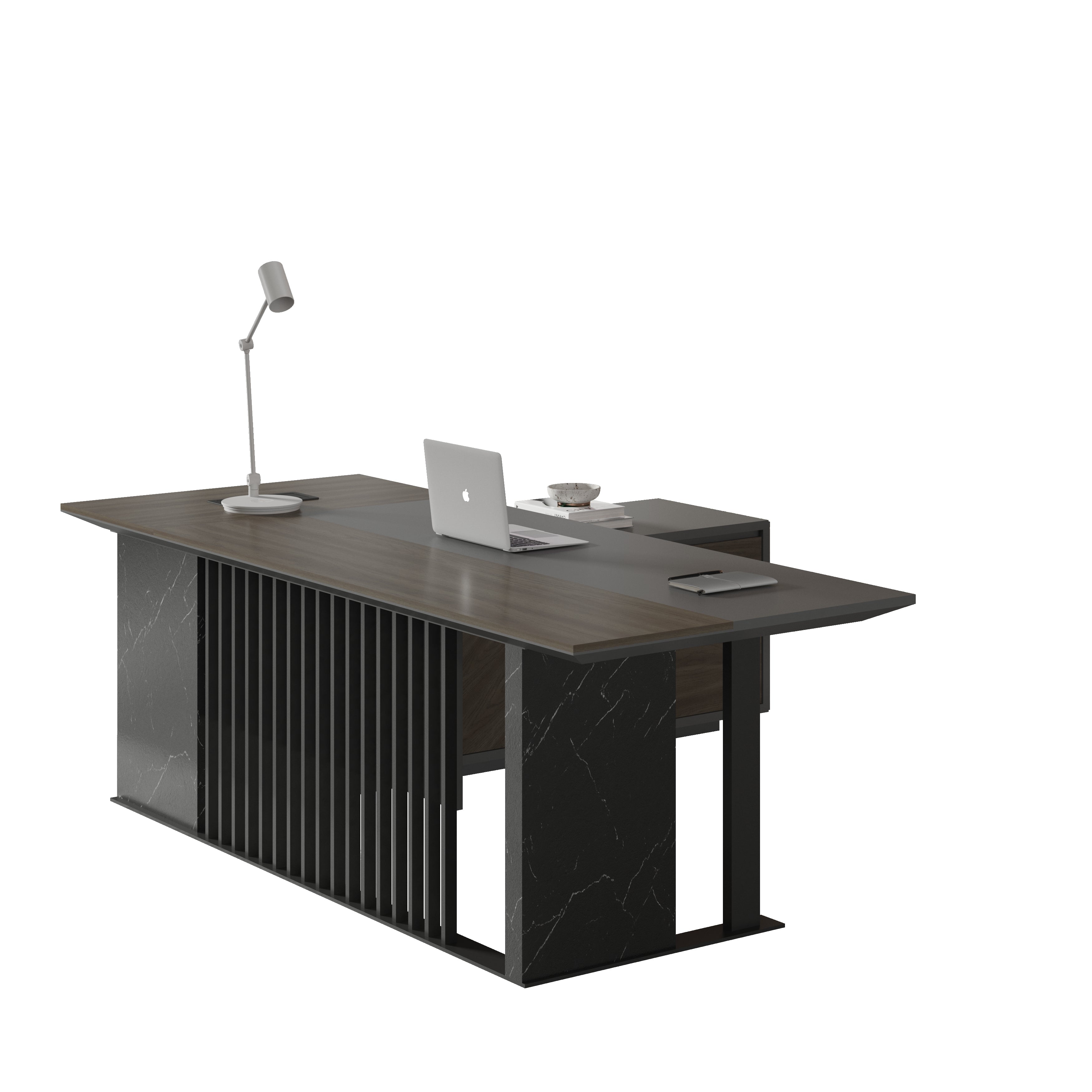 Saintcy W601 Luxury L-Shaped Executive Desk - Modern Industrial Command Workstation with Slatted Metal Screen & Marble Accent (87" / 110" / 126")