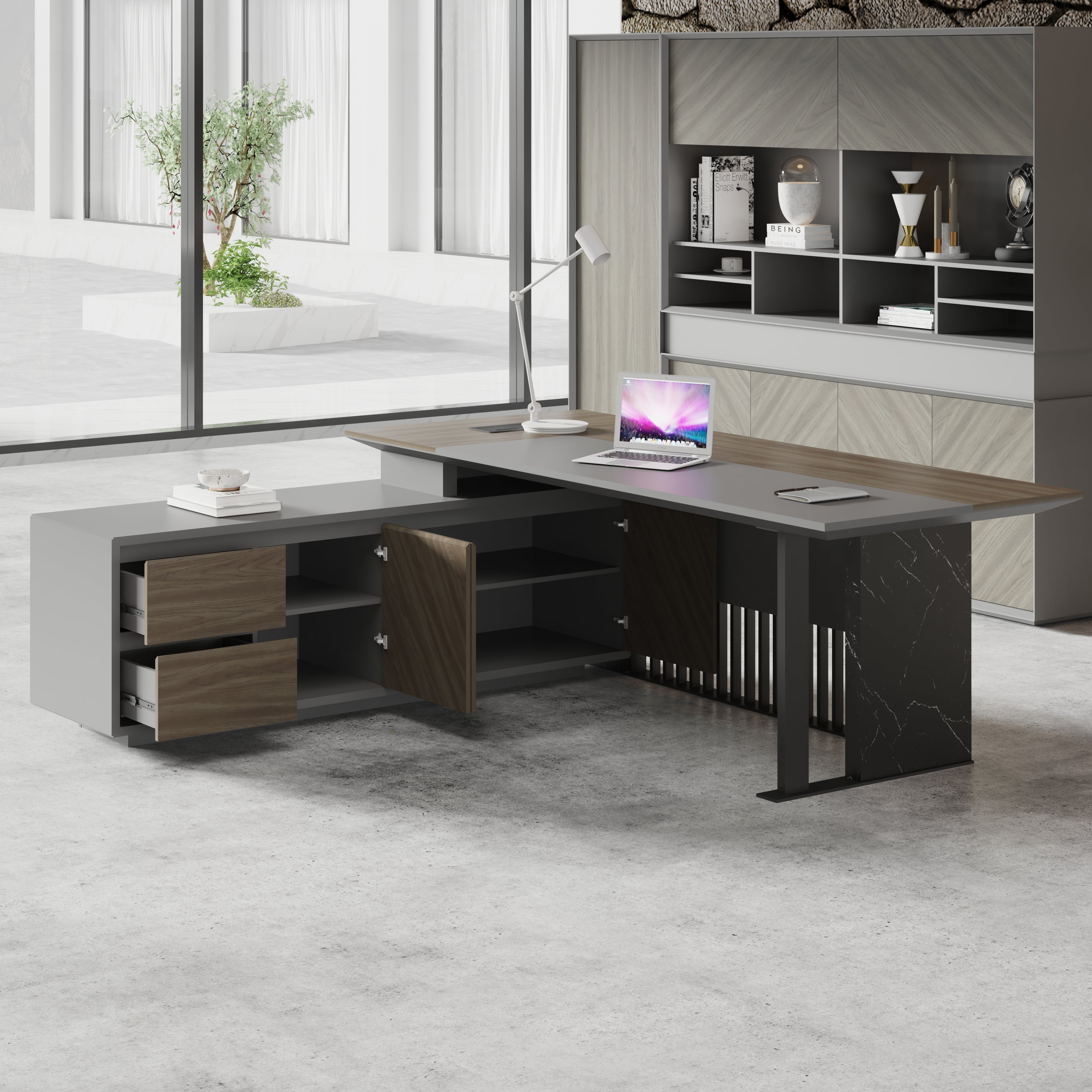 Saintcy W601 Luxury L-Shaped Executive Desk - Modern Industrial Command Workstation with Slatted Metal Screen & Marble Accent (87" / 110" / 126")